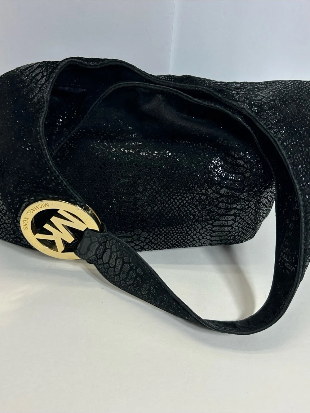 Michael Kors Black Snakeskin Hobo Shoulder Bag Purse Y2K Sparkle Gold Hardware